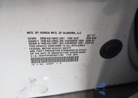 2017 Honda Pilot Touring z USA, uszkodzony, nr VIN 5FNYF6H92HB017760